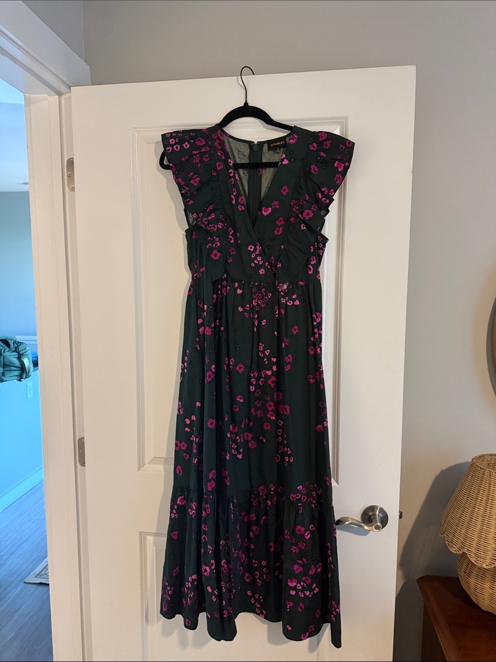 Sugarlips Dark Green Maxi Dress with Pink Floral Print